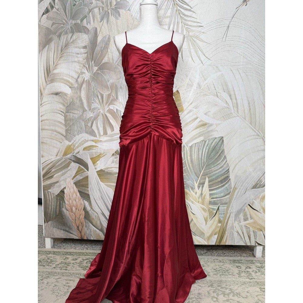 NWT Jessica McClintock Vintage Y2K Red Satin Maxi Dress Gown ruched bodice